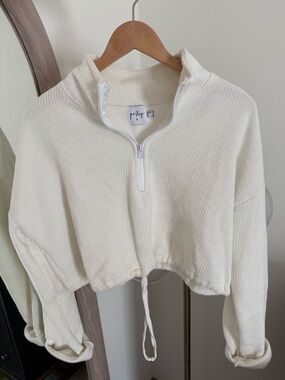 Princess Polly Cream Cropped Half-Zip Drawstring Sweatshirt